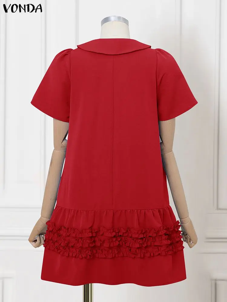 فساتين فوندا الحلوة للسيدات صيفية بأكمام قصيرة وياقة بيتر بان فستان صيفي مكشكش موضة 2025 فساتين صغيرة على شكل كعكة صلبة بطيات #5