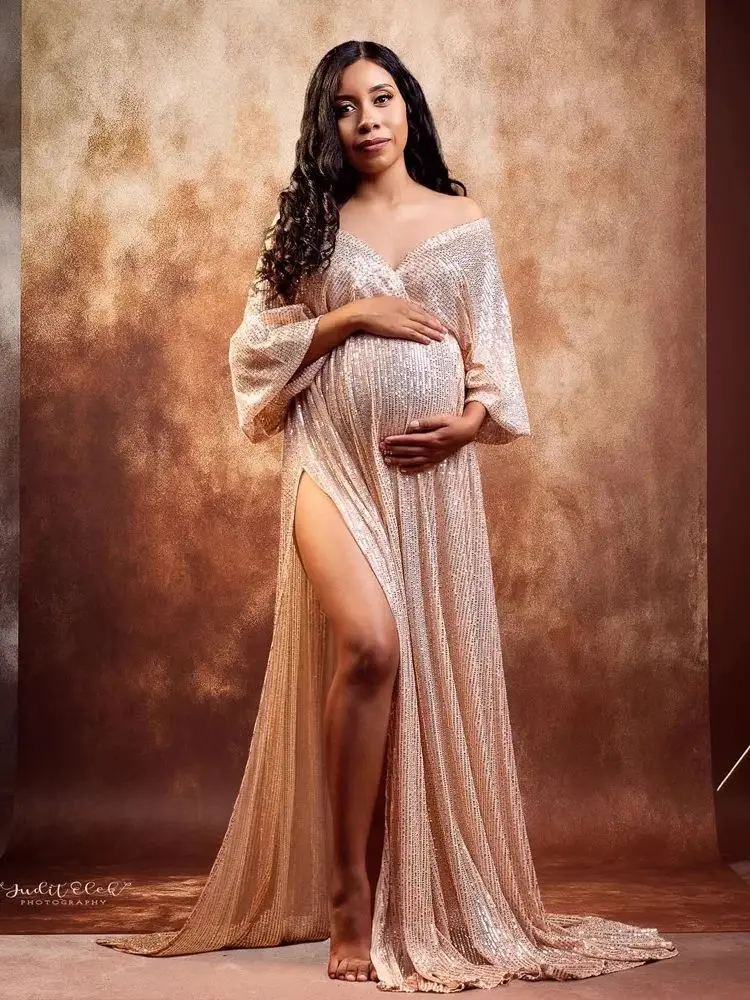 

V-neck Champagne Sequin maternity Dress Photoshoot For Lab Studio Women Outfit Baby Shower Dresses Photography Pregnant Clothes