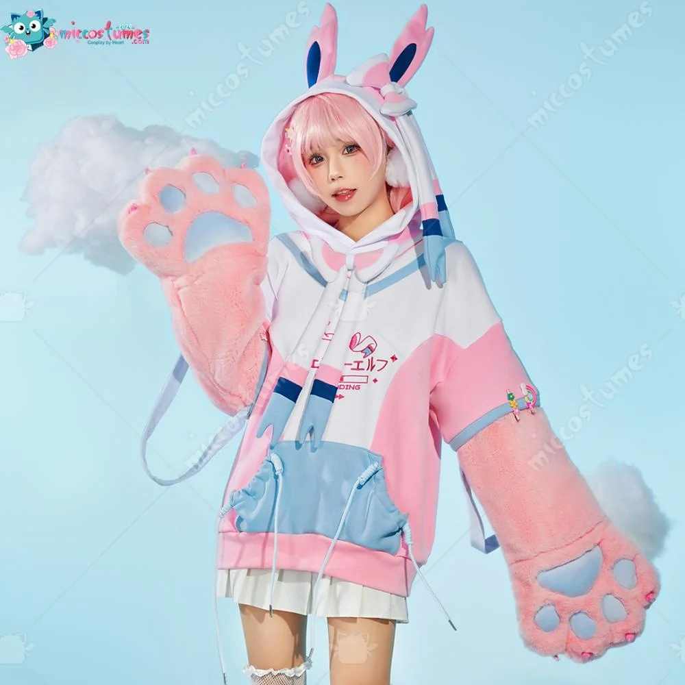 【Versandbereit】Miccostumes PM Derivative Rosa Pullover-Hoodie mit abnehmbarem Taschendesign, pelzigen Katzenpfoten-Handschuhen, Kawaii-Sweatshirt