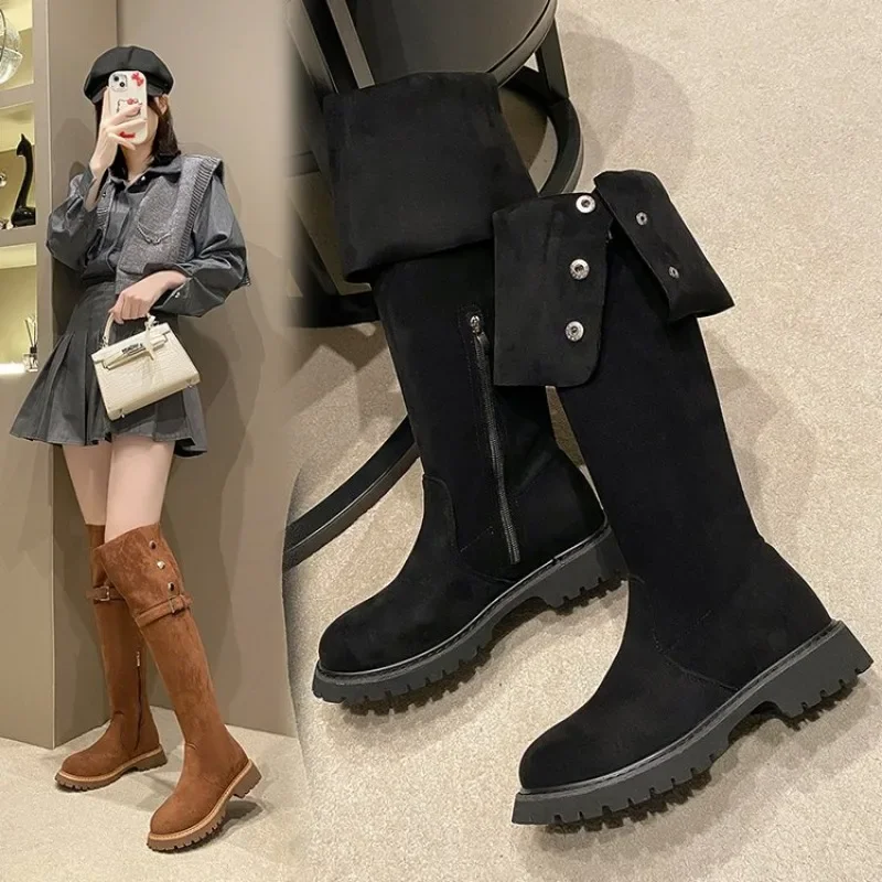 2024 New Vintage Brown Two Wear Western Boots Autumn and Winter Suede High Sleeve Boots Thick Heel Over Knee Long Boots Women