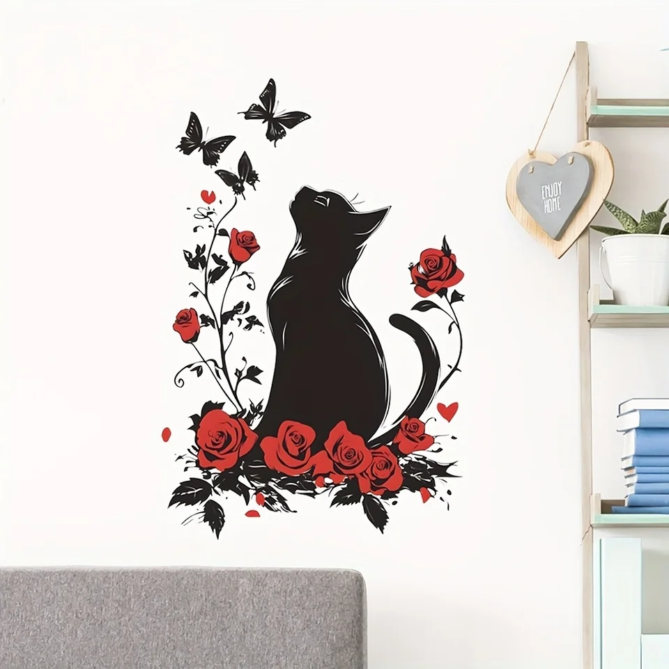 A delightful, cute, and heartwarming wall decal featuring cats, butterflies, roses, and floral patterns—perfect for decoration.