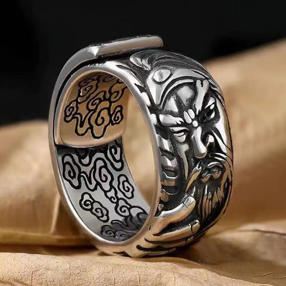 

Real Pure 990 Fine Silver Band Men Gift Lucky Retro Carved Cloud Guan Yu Ring 12g