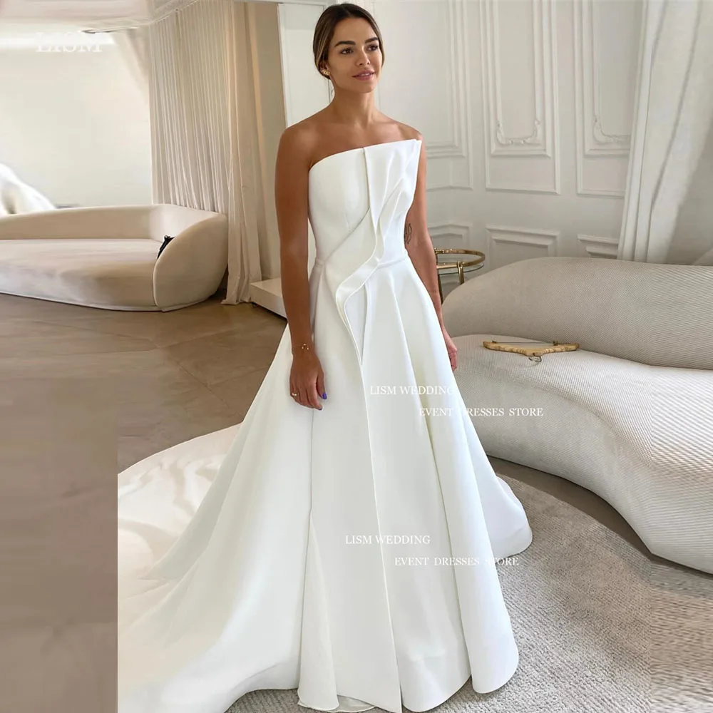 

LISM Simple Satin Mermaid Wedding Dresses Saudi Arabic Women Strapless Side Split Detachable Train Bridal Gown Vestidos De Novia