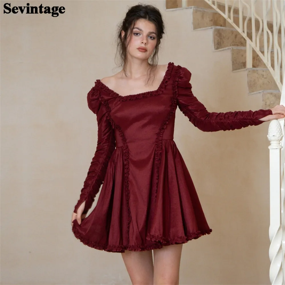 

Sevintage Elegant Burgundy Satin Prom Dress Square Colar Long Sleeves Ruffles Ruched Above Knee Evening Dress vestidos de gala