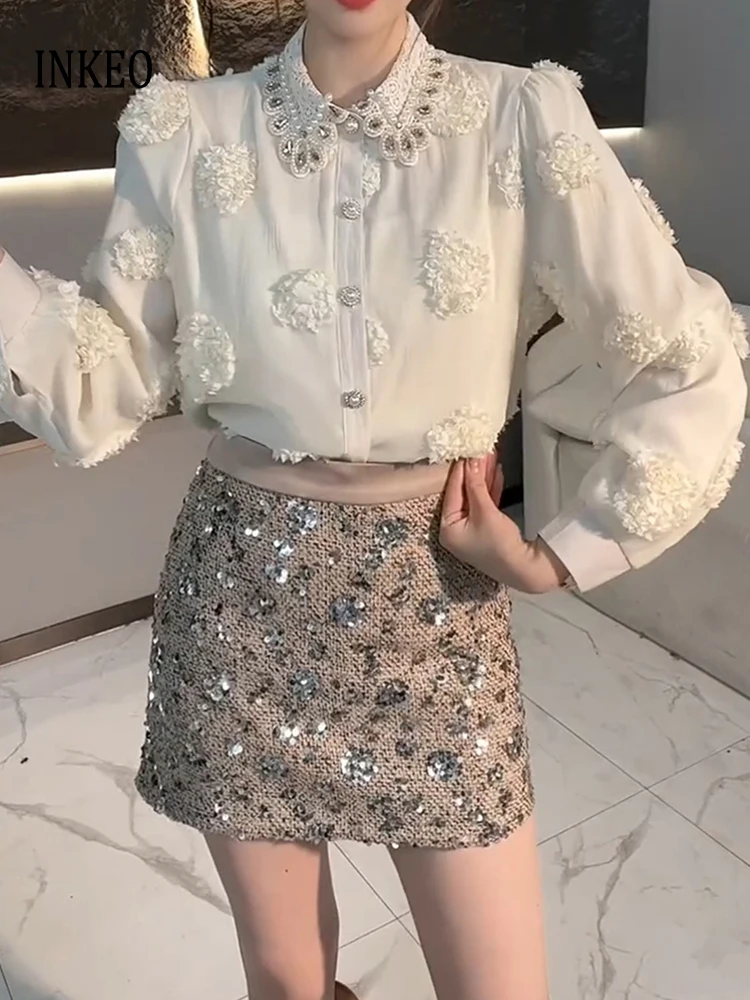 

Sexy Women floral blouse see-through 2025 Collection Rhinestone beading turn down collar shirt Loose tops Vintage INKEO 5T004