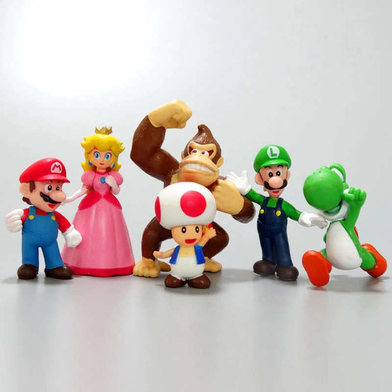 6pcs/set Super Marios Bros Action Figure Kawaii Yoshi Peach Toad Donkey Kong Anime Figure Model Dolls Kids Toys Cake Decoration