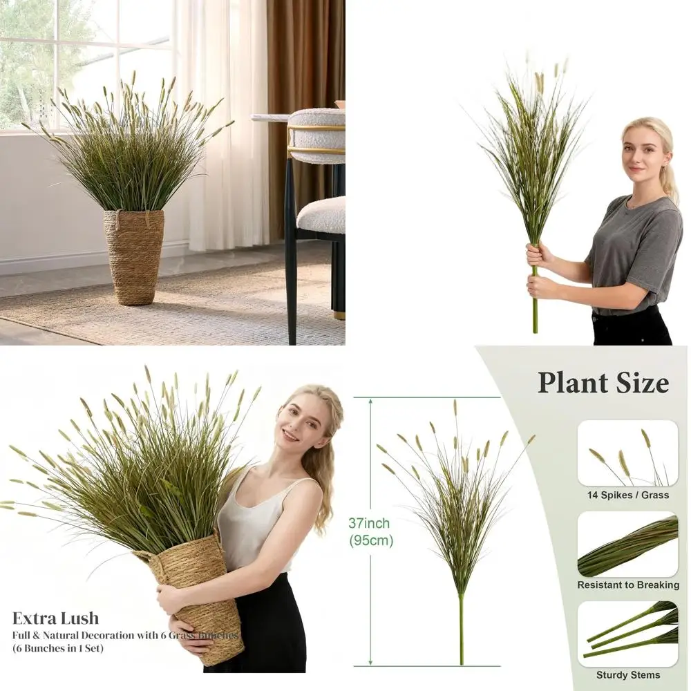 

37 Luxurious Artificial Reed Grass with 14 Dogtail Flowers, Tall Faux Greenery for Home and Garden Decor (Yellow)