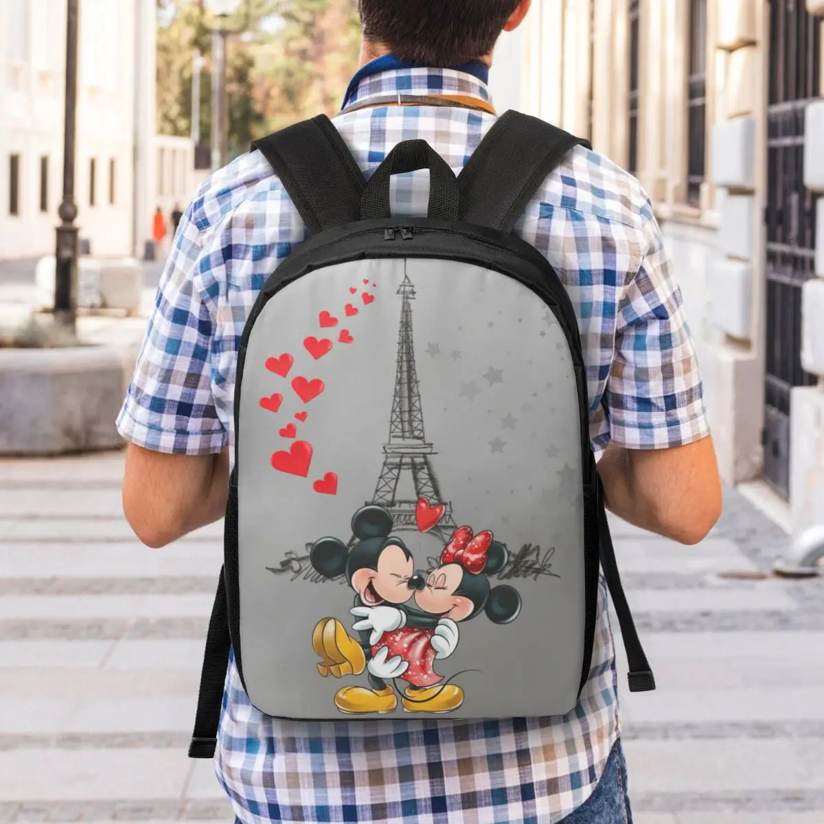 Custom Mickey Mouse Minnie Mouse Backpacks for Men Women School College Student Bookbag 15 Inch Laptop Eiffel Tower Love Bags