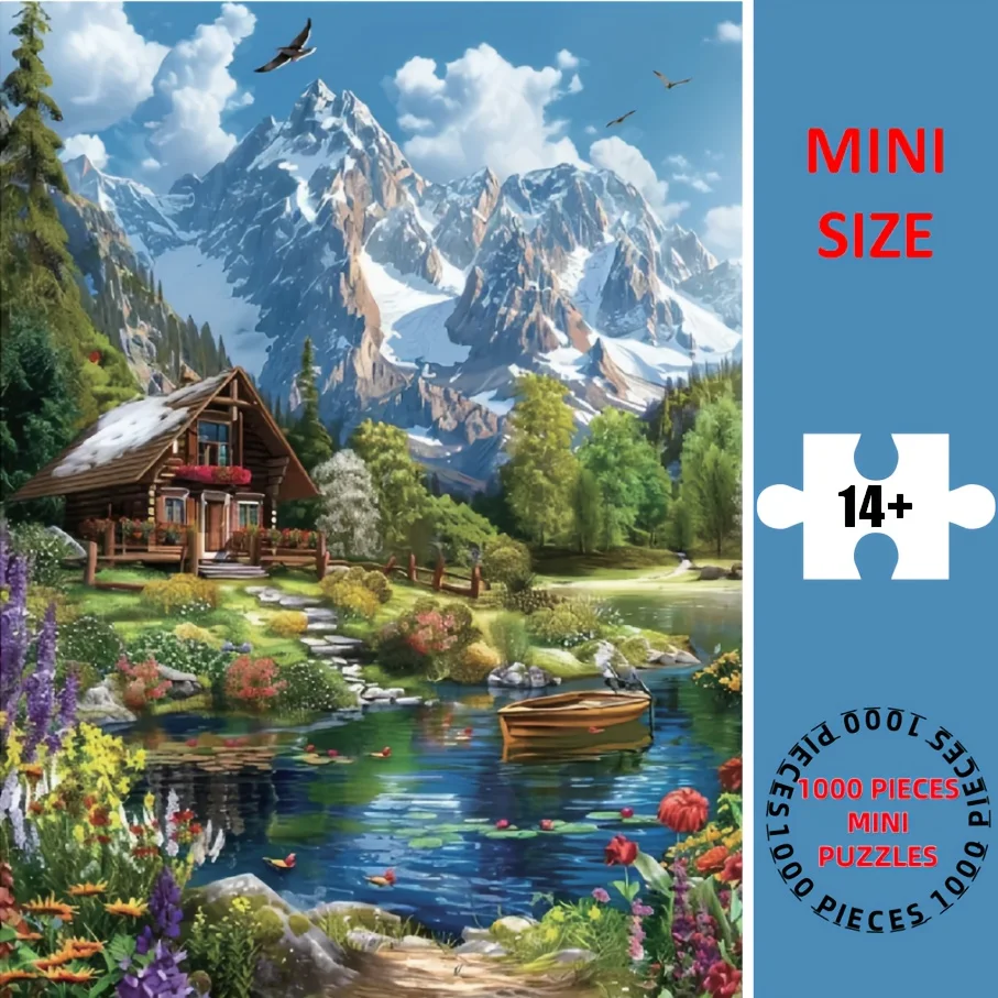 Een mini-puzzel - Villa aan het meer en sneeuwgekapte berglandschap, levendige papieren puzzel voor volwassenen, perfect voor Pasen, 1 april