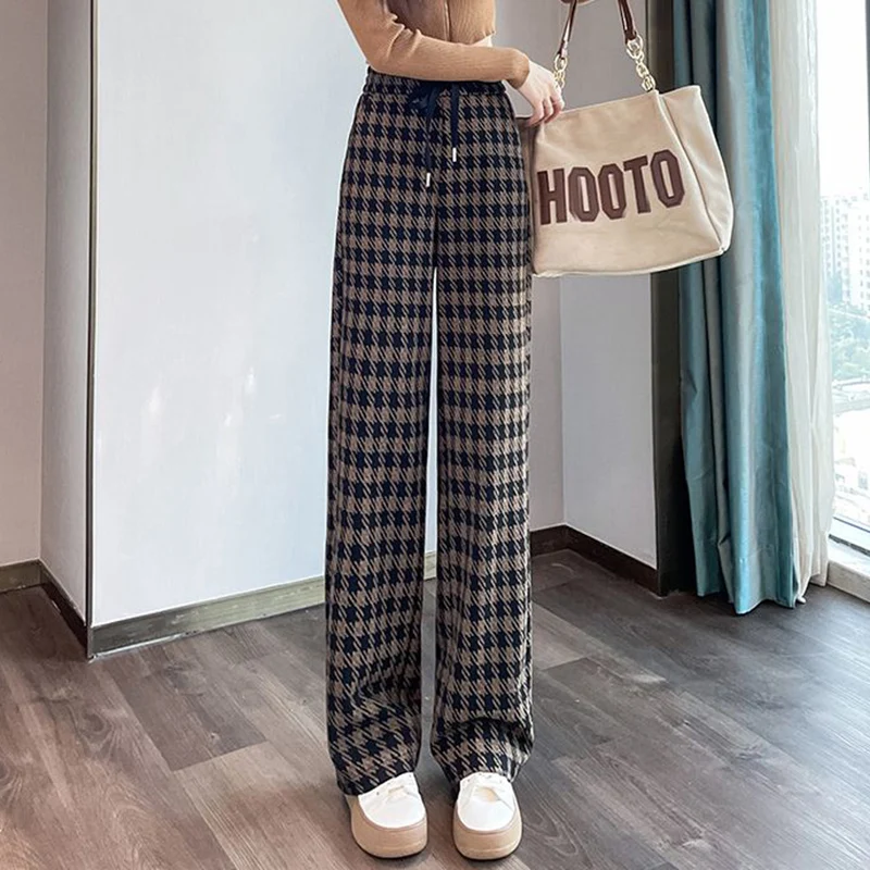 Women Woolen Retro Wide Leg Pants Fall High Waist Drawstring Loose Plaid Pants Casual Straight Lady Baggy Pockets Trousers