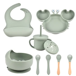 8-Piece Set Children's Tableware 100% Food Grade Silicone Baby Bib Cups Forks Spoons Divided Plates & Impact Resistant Tableware