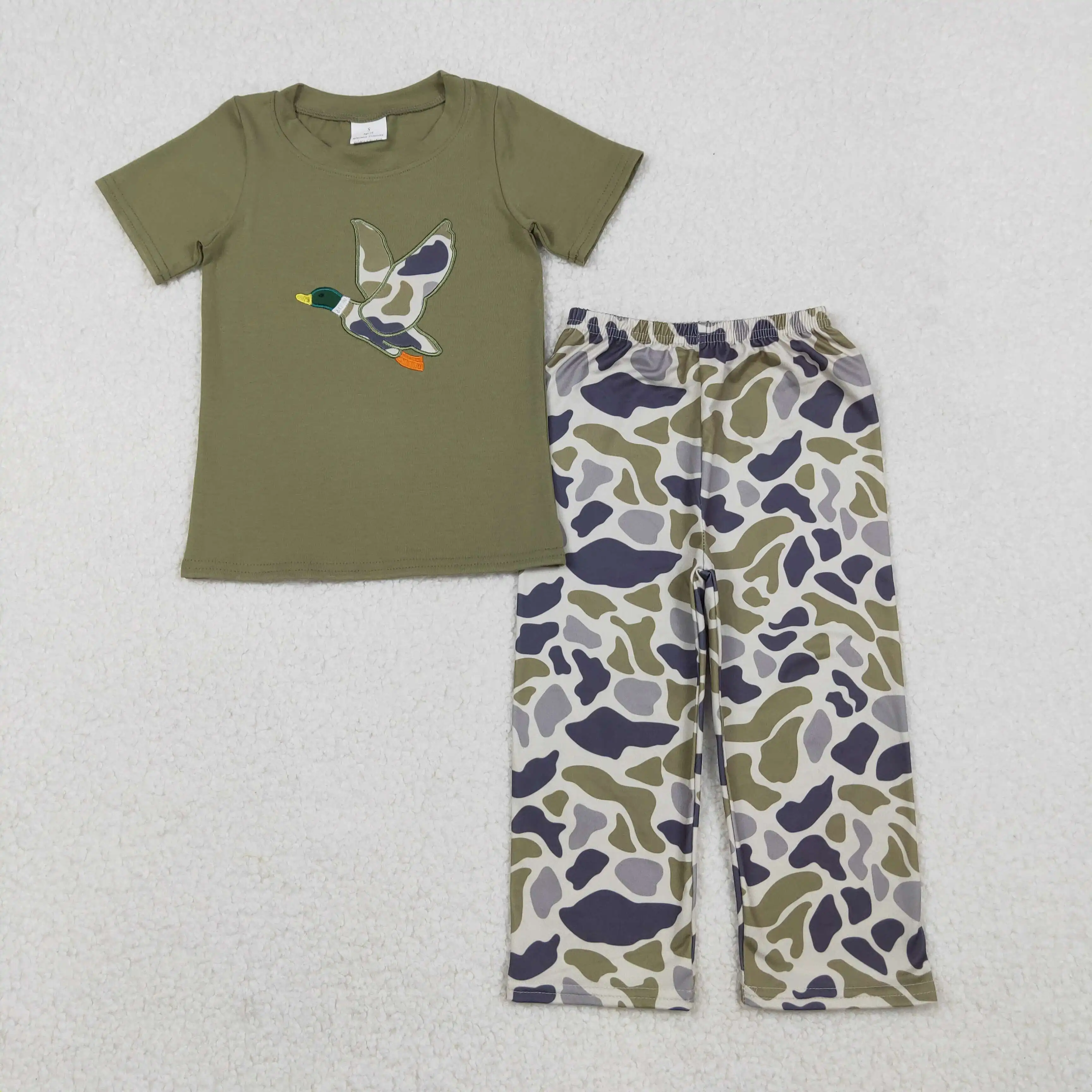 

Baby Boys Embroidery Camouflage Outfit Green Top with Flare Pants Short Sleeve Camo Duck Design for Hunting