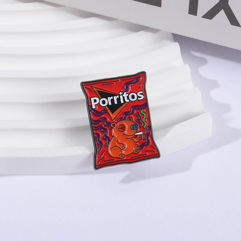 Porritos Potato Chips Snack Brooch Enamel Pins Cartoon Groundhog Smoking Psychedelic Art Waves Brooches Lapel Badge Jewelry Gift