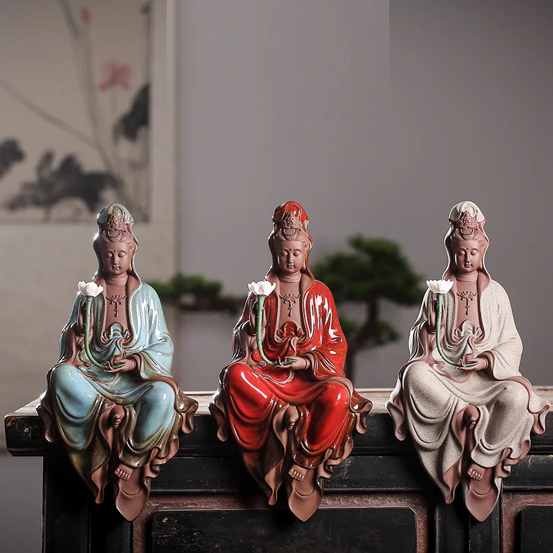 Zisha Guanyin Zen Statue Decorations, Ceramic Buddha Statues with Bodhisattva Sitting, Classical Chinese, Creative