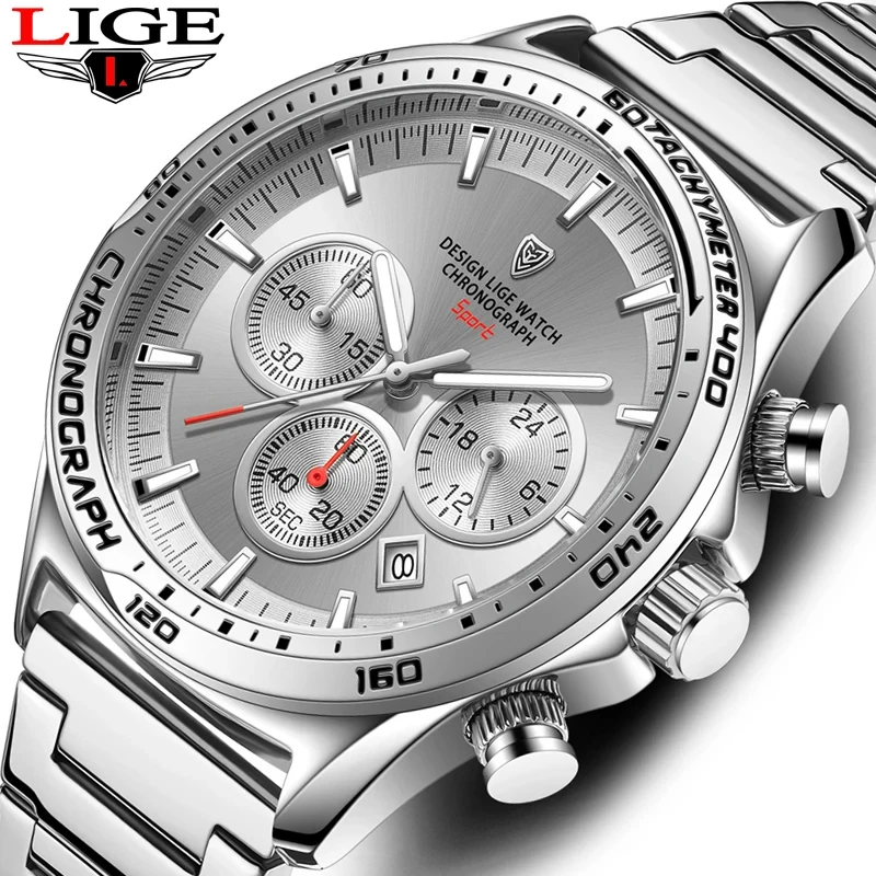 

LIGE Fashion Silver Man Watch Businsess Stainless Steel Watches Mens Waterproof Luminous Date Quartz Wrist Watch for Men Clock