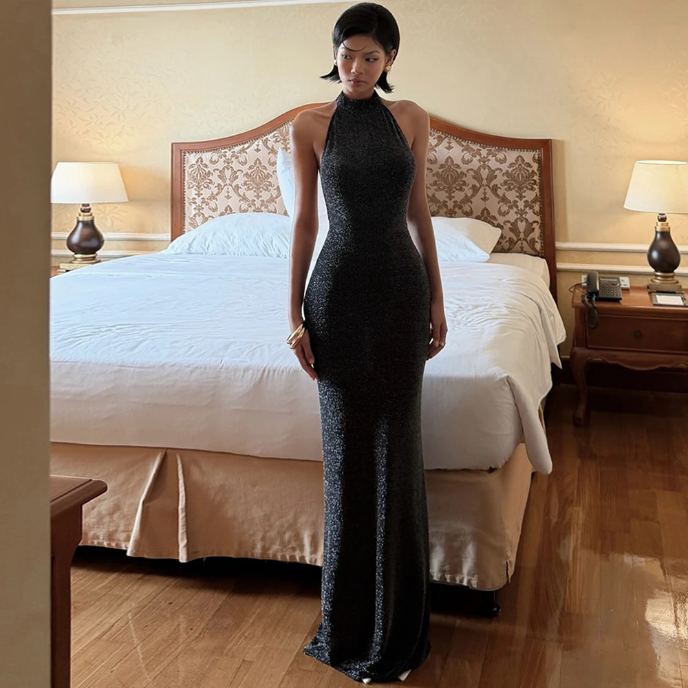

Classic Halter Jersey Evening Dress Sexy Backless Mermaid Prom Dresses Temperament Sleeveless Customized Special Occasion Gowns