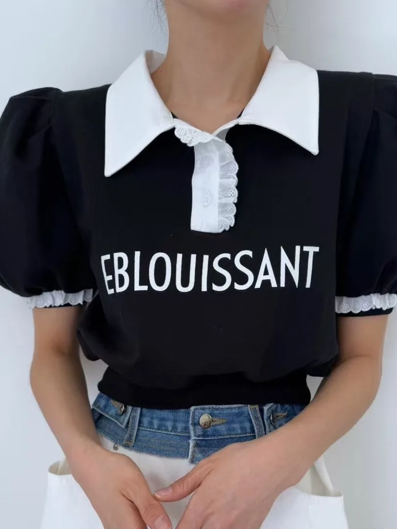 เสื้อสเวตเตอร์พิมพ์ลายตัวอักษร Color Blo สำหรับผู้หญิง รุ่นใหม่ล่าสุดสำหรับฤดูร้อน ดีไซน์ลูกไม้ระบาย แขนพอง คุณภาพเยี่ยม ผลิตจากผ้าถัก