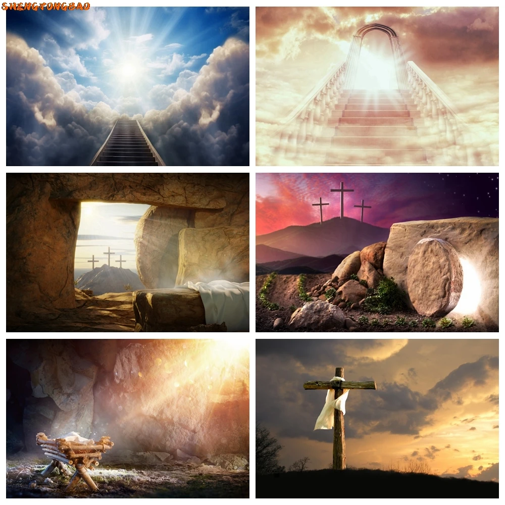 Jesus Christ Cross Photography Backdrop Dusk Sunset Mountain Natural Scene Nativity Holy Bible Easter Christmas Photo Background