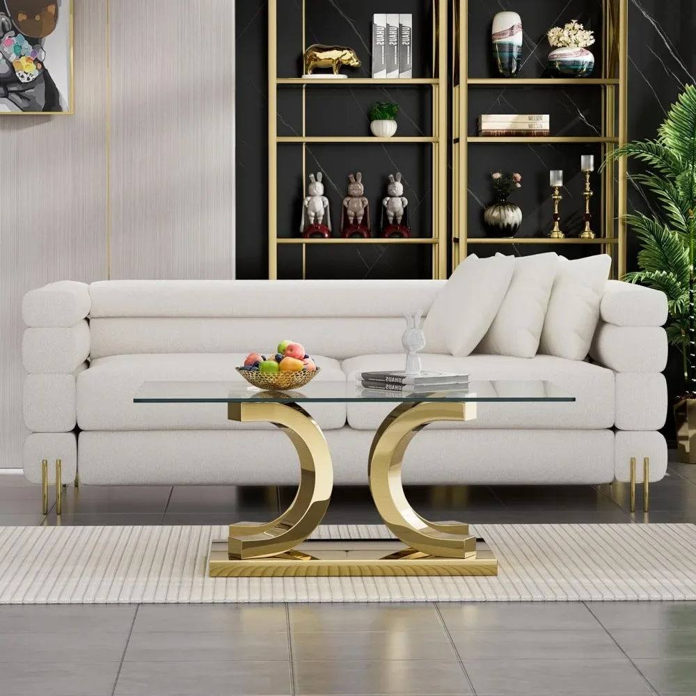 Glass Coffee Table with Gold 4C Stainless Steel Metal Leg, Rectangular Clear Tempered Glass Center Stainless Steel Tea Table