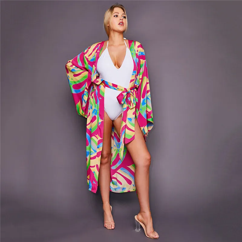 6 Styles Bohemian Printed Bikini Cover-ups Elegant Self Belted Kimono Dress Tunic Women Beach Wear Swim Suit Cover Up