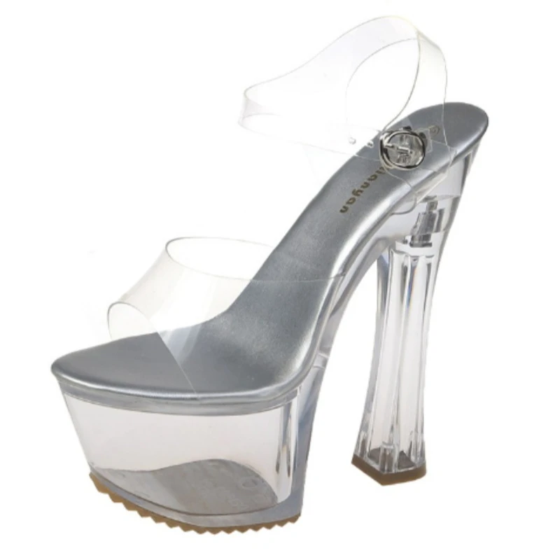 Quality Women Sandals Platform Pumps PVC 17CM Square Heel Summer Buckle Strap One Character Strip Women Shoes
