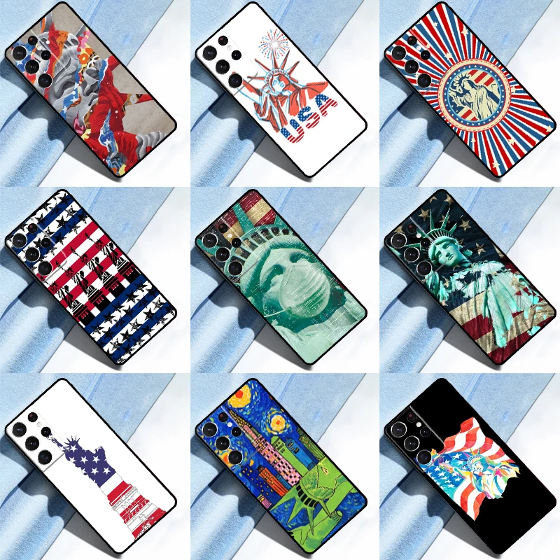 America USA Flag Statue of Liberty Case For Samsung Galaxy S23 S21 S20 FE S8 S9 S10 Note 10 Plus S10e Note 20 S22 Ultra Cover