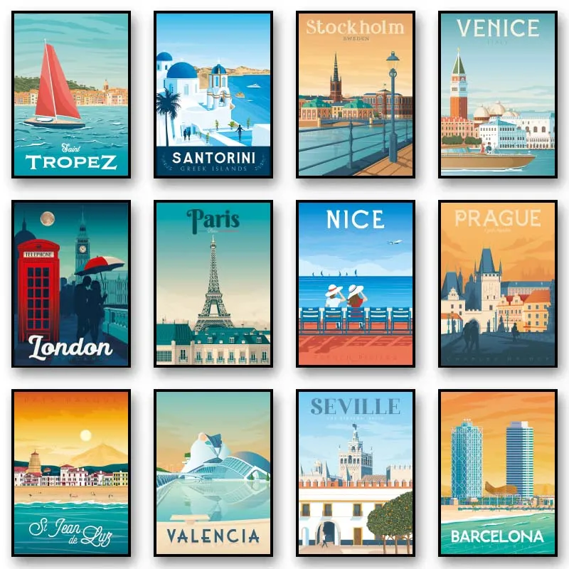 Pósteres minimalistas de viaje europeo, bonito Barcelona, Lisboa, Monaco, impresión en lienzo, imágenes artísticas de pared para decoración para sala de estar, sin marco