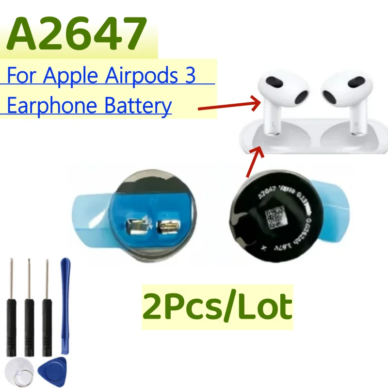 2pcs/Lot  A2647 Replace Battery For Apple Airpods 3 Air pods 3 A2564 A2565 Airpods 3rd Replacement Batteries + Free tools