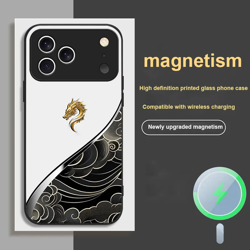 

For iPhone 17 Pro MAX AIR Magnetic Glass Phone Case with Cloud Pattern Dragon Head Pattern Design
