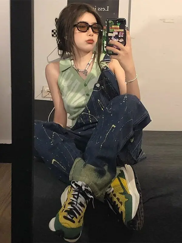 안티에이징 스플레이드 데님 오버롤 여성용 봄 가을 신상품 대형 사이즈 슬림핏 원피스 바지