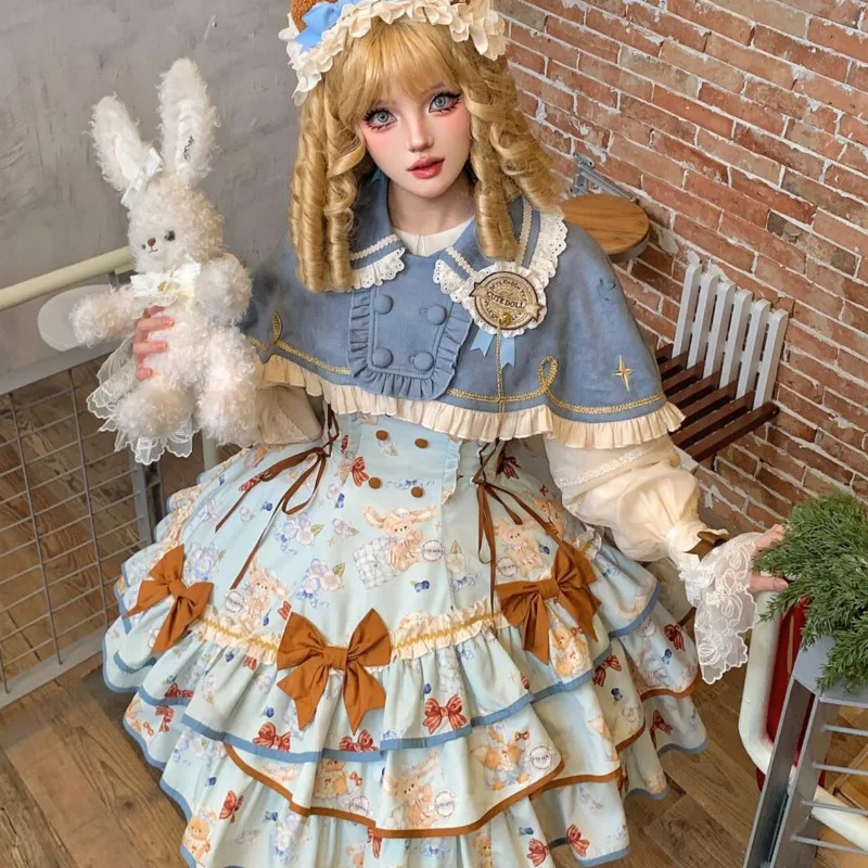 Lolita Style Sweet And Youthful Girl European Victorian Like Doll Collar Cloak Atmosphere Bow Waist Cinching Dress Two-piece Set