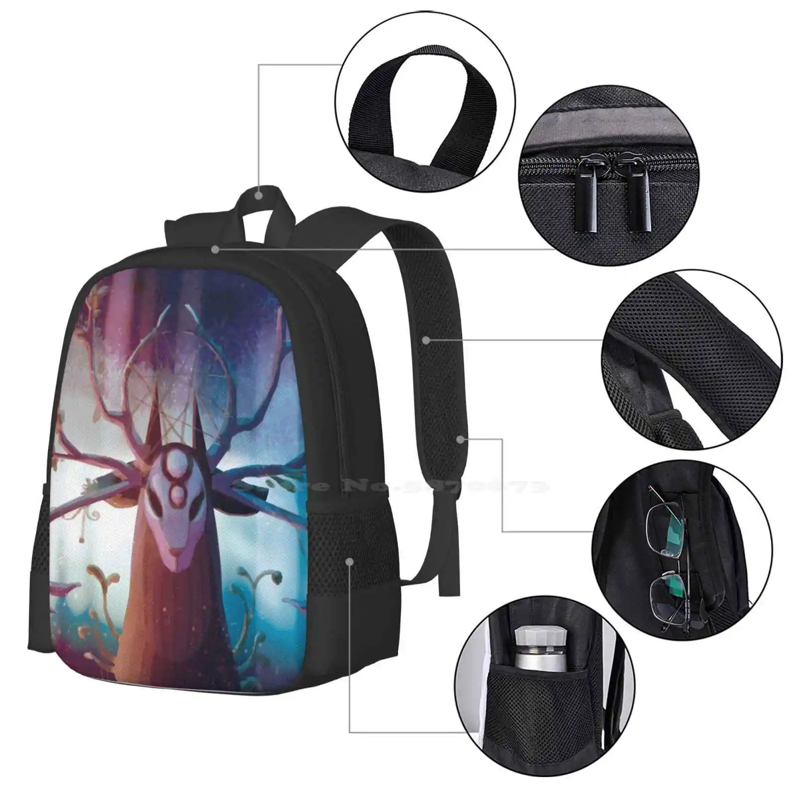 Mochila Alpha Stag para estudiante, bolsa de viaje para portátil, escuela, ciervo, plantas del bosque, flores, criaturas de fantasía