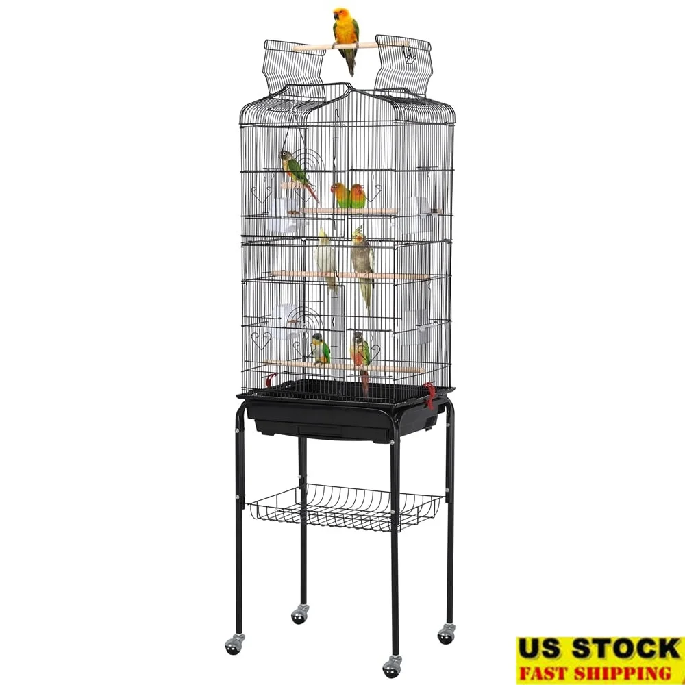 

64 Open Top Metal Bird Cage Detachable Rolling Stand Easy Clean Spacious Parakeets Canaries with Perches Swing Feeding Bowls