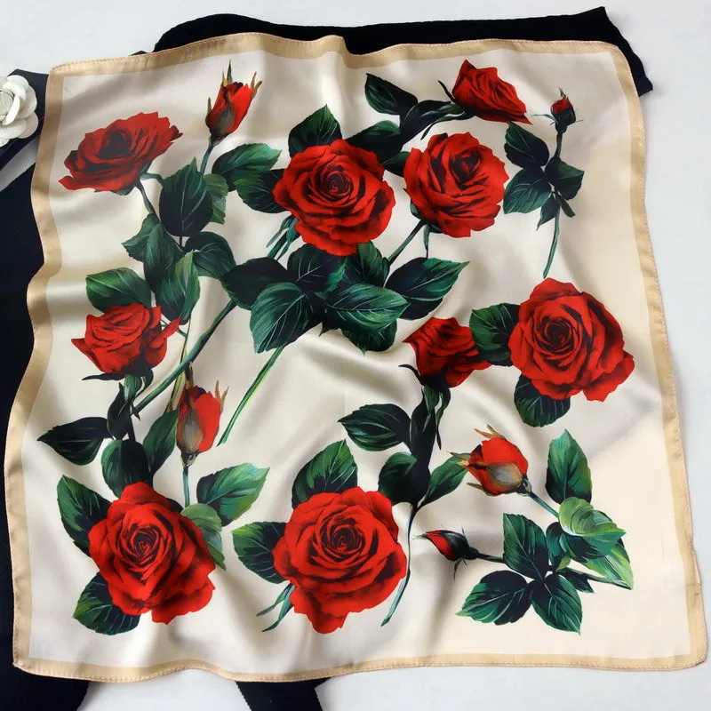 

53CM Silk Scarf Woman Romantic red roses Painting Square Scarves Wraps Bandana Small Hijab Foulards Tie Headband Neckerchief