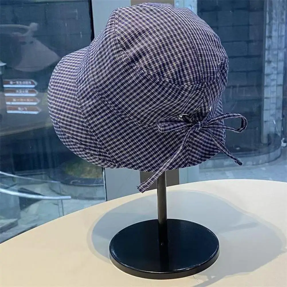 Foldable Summer Travel Cap Plaid Fisherman Hat for Women Wide Brim Uv Protection Sun Cap Adjustable Back Bow Beach Hat Foldable