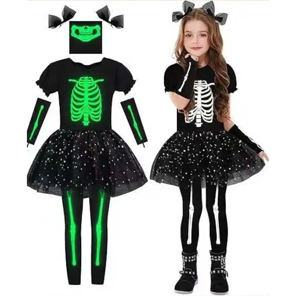Disfraz de Calavera Luminosa en la Oscuridad para Niña, Vestido de Ballet de Malla para Niños, Disfraz de Navidad para Juego de Roles