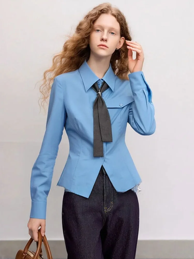 

Zhoudai Slim Fit irt Collar Detachable Tie Waist Cinching High nce Sensation Blue irt French Sle Long Sve