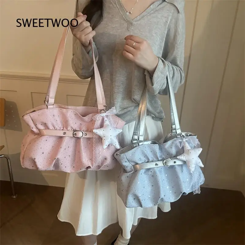 Star Print Ruched Shoulder Bag Lace Star Pendant Buckle Strap Sweet Y2K Coquette Style Casual Daily Underarm Handbag