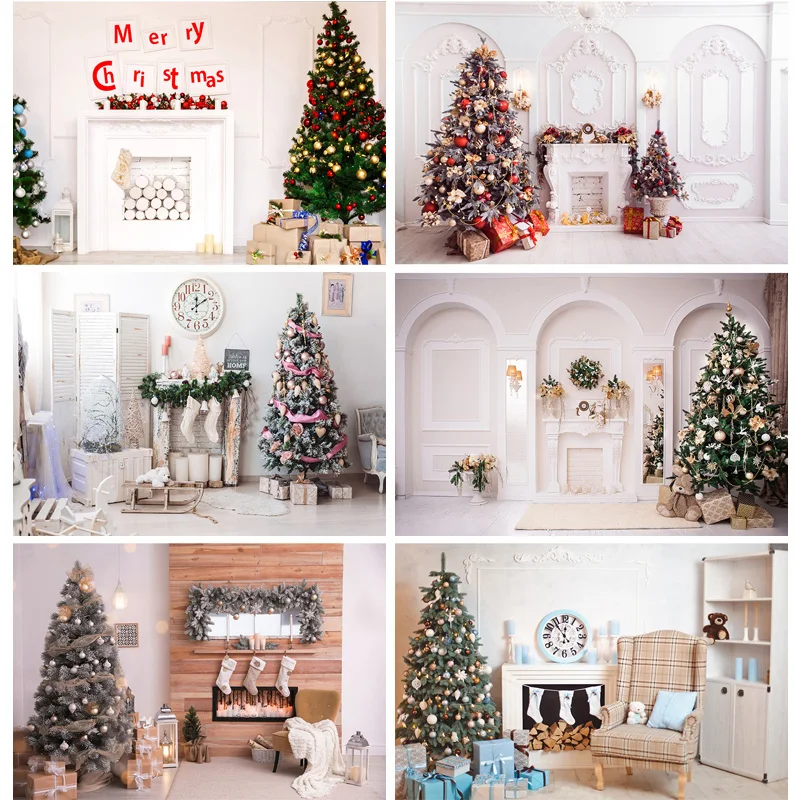 Photorealistic Fabric Christmas Day Photography Backdrops Prop Christmas Tree Fireplace Photographic Background Cloth CHM-015