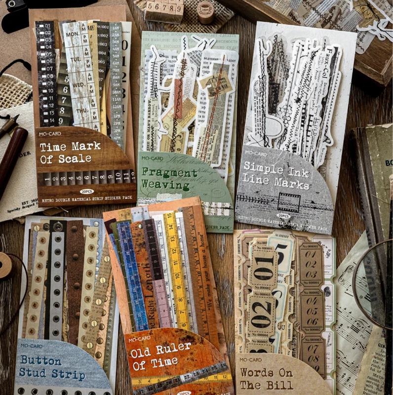 Mr.Paper 20Pcs Double Pack Long Strip Stickers Time Stitch Series Retro Journal Scrapbook Collage Decorative Craft Supplies