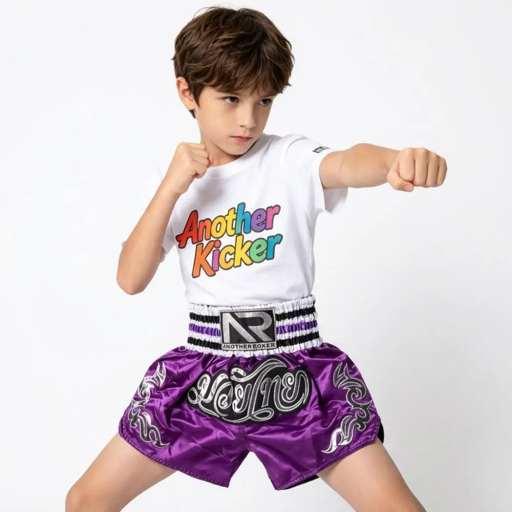 New Satin Material Muay Thai Shorts Embroidery Design Classic Style Martial Arts Shorts Purple Color Fight Shorts Men Women