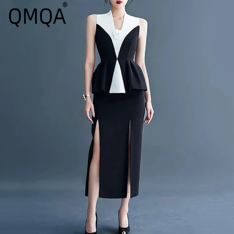 QMQA-Ensemble 2 pièces patchwork fleuri pour femmes, jupe fendue ronde sur la hanche, haut de taille, vêtements d'automne pour femmes, 1A623