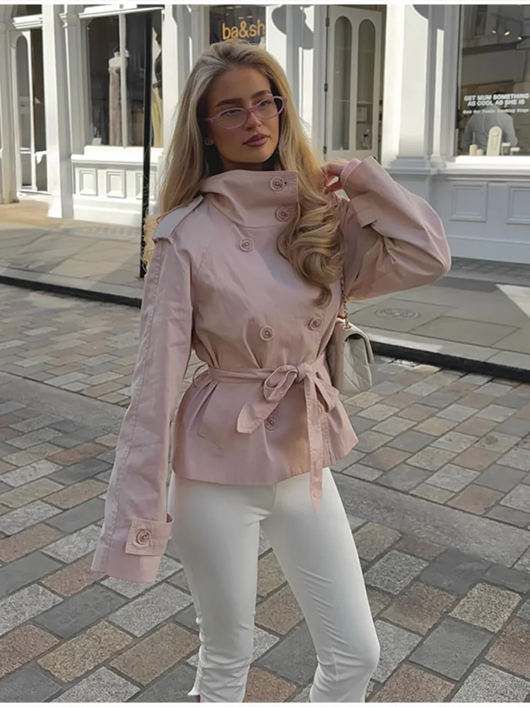 Schicker Minimalistischer Kurzer Trenchcoat Rosa Retro Klassisch Vielseitig Trendy Damen Oberbekleidung Frühling Herbst Lässiges Street-Outfit – Detail 4