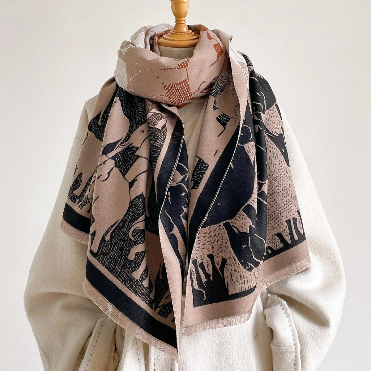 Women Imitation Cashmere Scarf Fringed Thick Warm Shawl Winter Print Scarf Reversible Pashmina Large Blanket Wrap