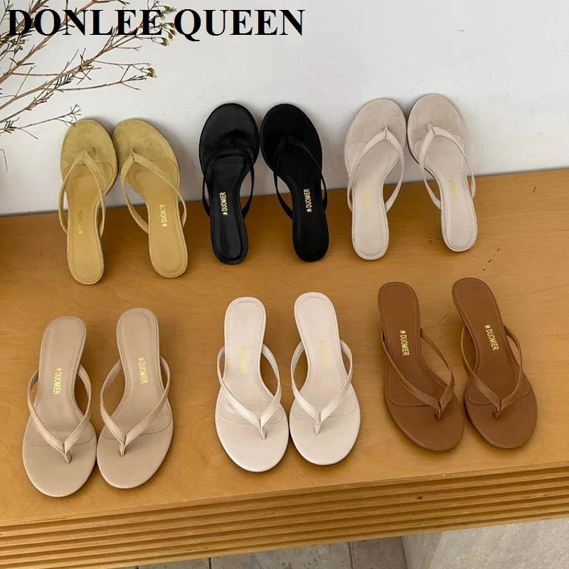 

Новые летние тонкие шлепанцы-сандалии 2026 года на тонком каблуке с узким ремешком, женские модные туфли-лодочки, люксовые шлепанцы-вьетнамки