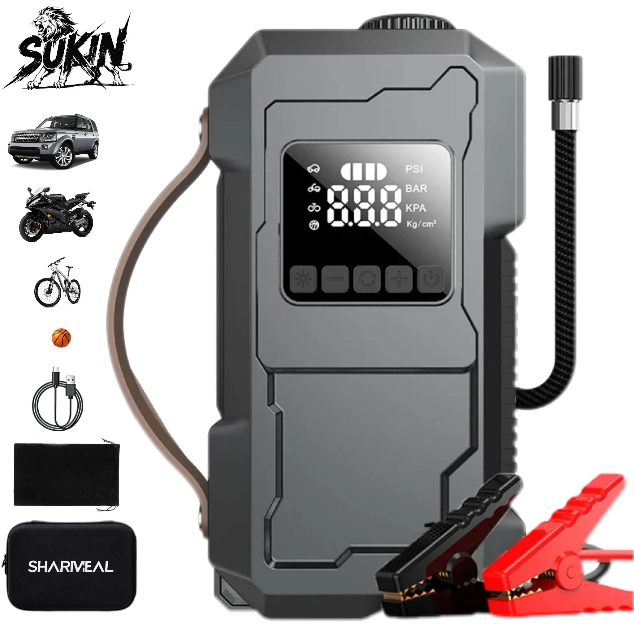 Arrancador de Emergencia SUKIN 12V con Compresor de Aire, Banco de Energía Portátil Inalámbrico, Potenciador para Autos, Arrancador de Baterías para Coche