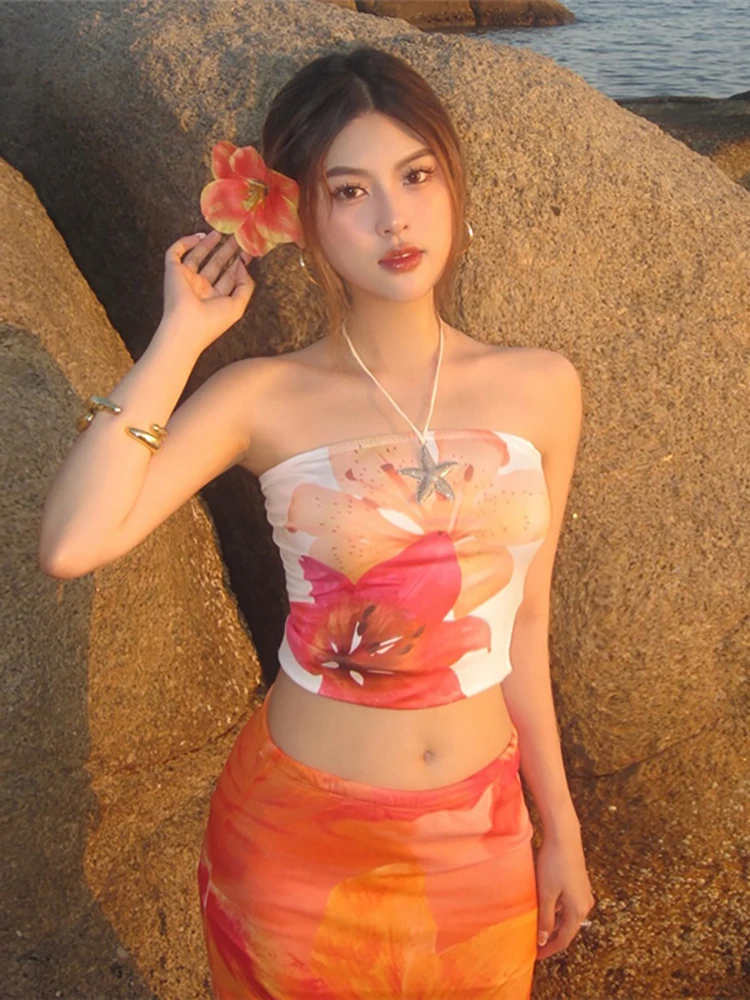 Nibber Bunte Wickeloberteile für Damen, Blumendruck, Brustwickelärmel, rückenfrei, dünn, Strandparty, schlicht, klassisch, Sommer-Minikleidung