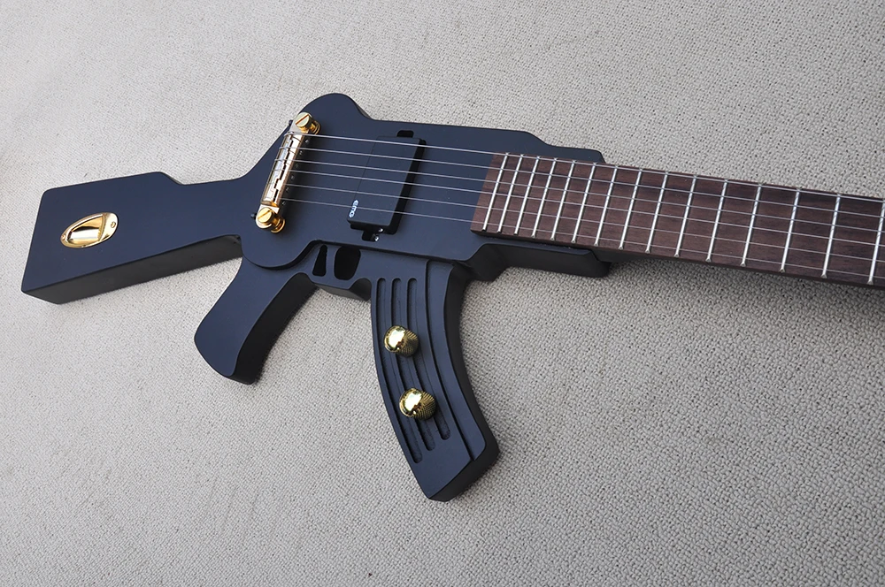 Matte Black Gun Shaped Electric Guitar with Rosewood Fretboard,22 Frets,Gold Hardware,Customizable