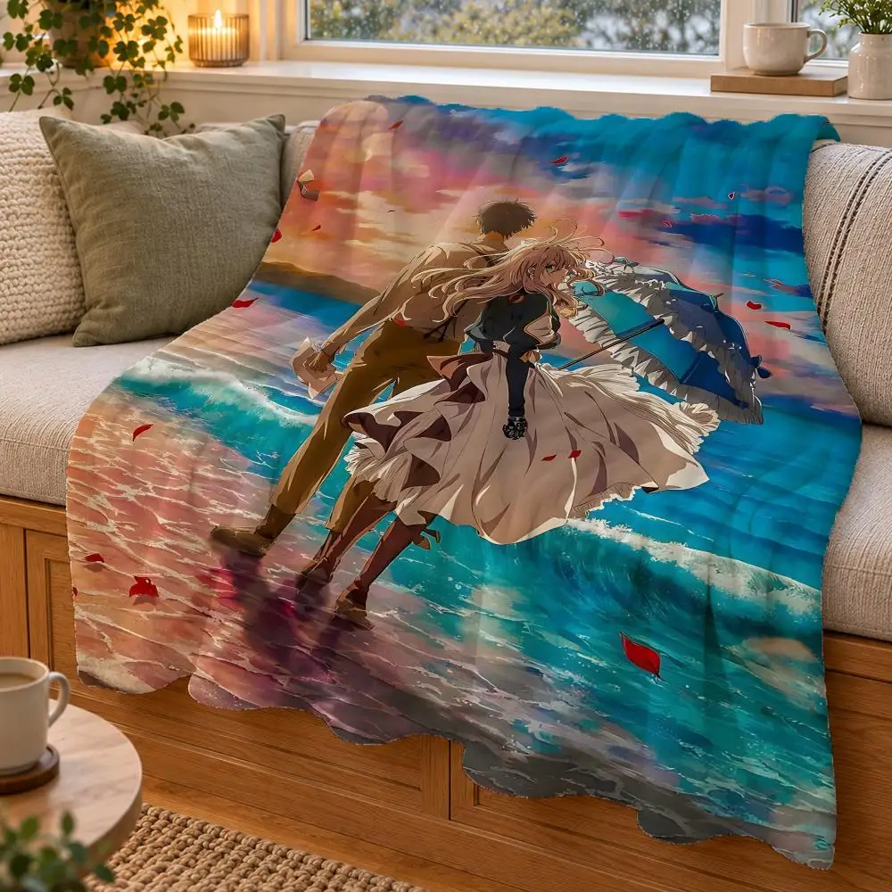 Anime V-Violet E-Evergarden Throw Double Sided Flannel Throw Blanket Soft Warm Washable Home Decor