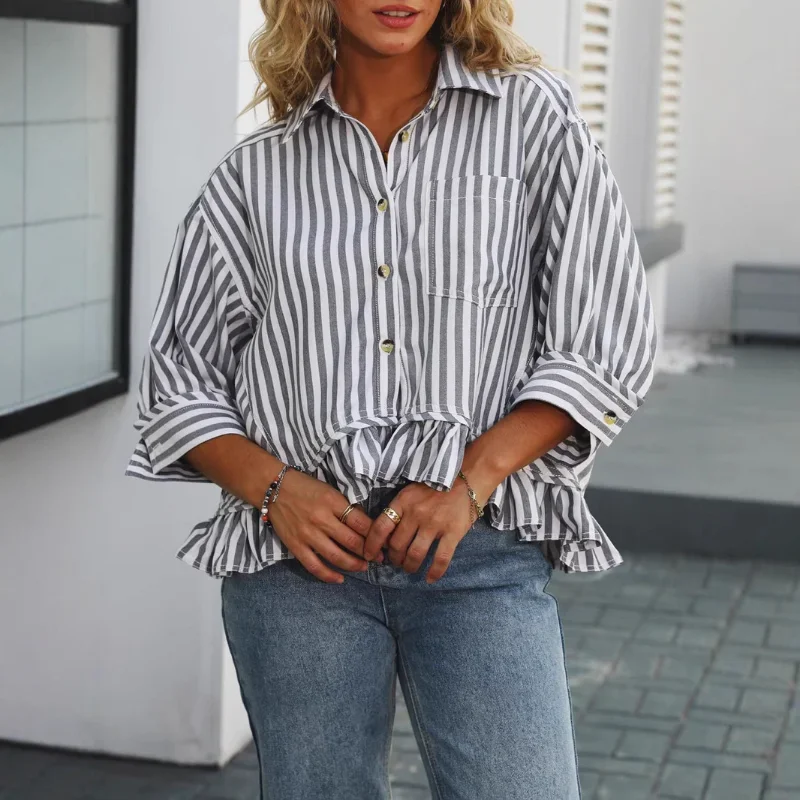 

Женская мода, свободная рубашка в полоску с кружевным подолом, рубашка с четвертью рукавами